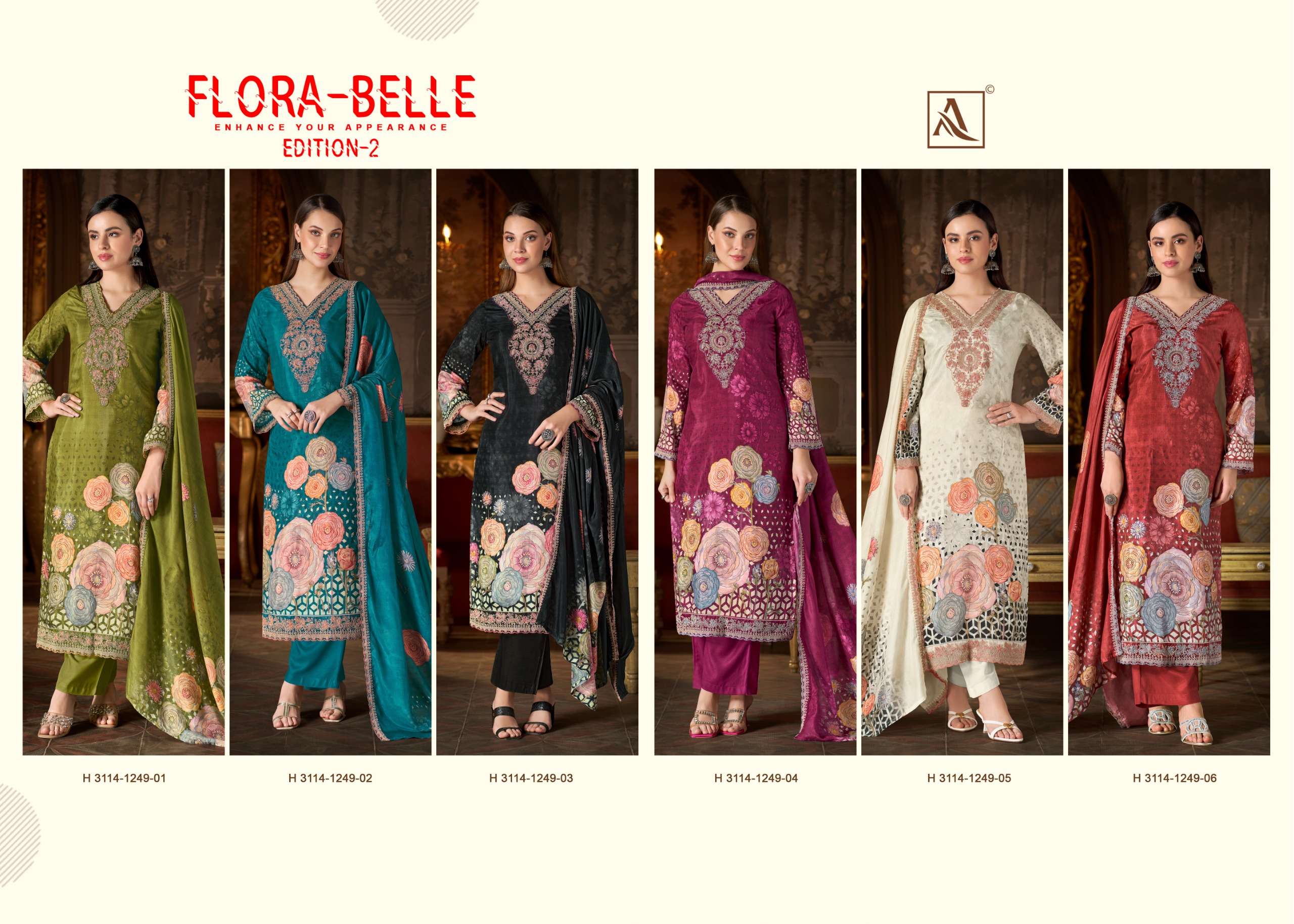 ALOK SUIT FLORA BELLE VOL 2 MASLIN DIGITAL NECK & DAMAN DRESS CATALOGUE SUPPLIER